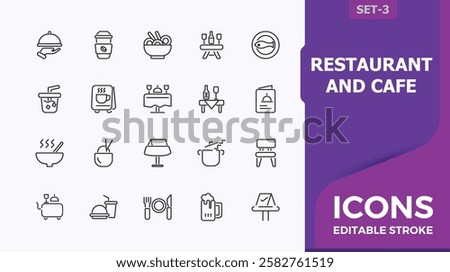 Restaurant and Cafe icon set. Contains such icons as hot, waiter, coffee, wine, glass, knife, dinner. Thin minimalist UI icon design. Editable vector icon and illustration.