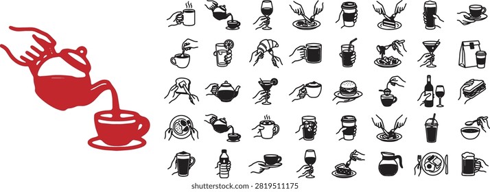 Restaurant and cafe icons set with hands pouring tea eating breakfast and holding cocktails, collection of dining symbols including burger sandwich beer and dessert items.