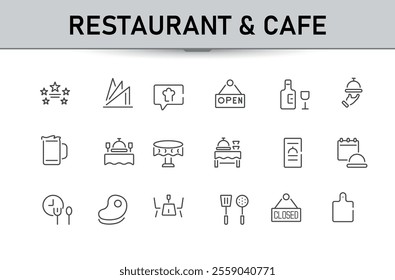 Restaurant and cafe icons set. Menu, meal, breakfast, coffee icon and more signs. Minimalist line icon collection.