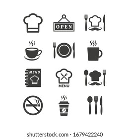 Restaurant and cafe icons set on white background.