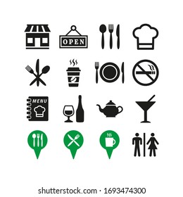 Restaurant and cafe icons set on white background.