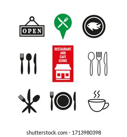 Restaurant and cafe icons set on white background.