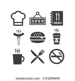 Restaurant and cafe icons set on white background.