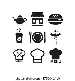 Iconos de restaurante y café sobre fondo blanco.