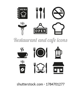 Restaurant and cafe icons set on white background.