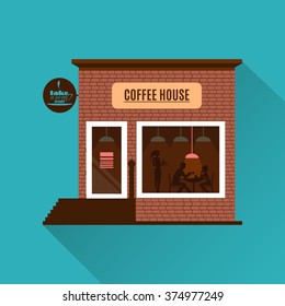 Restaurant or cafe illustration in flat style. Isometric  dinner building  with waitress and menu board standing nearby. Desserts, drinks, ice-cream. Bistro service. Vector cafe icon with shadow. 