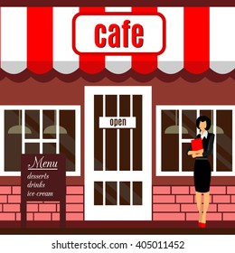 Restaurant or cafe illustration in flat style. Isometric dinner building  with waitress and menu board standing nearby. Desserts, drinks, ice-cream. Vector food building icon background. Front view