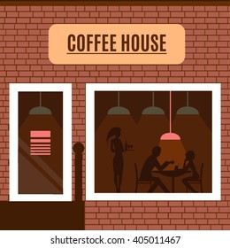 Restaurant or cafe illustration in flat style. Isometric dinner building  with waitress and menu board standing nearby. Desserts, drinks, ice-cream. Vector pub icon isolated on white background