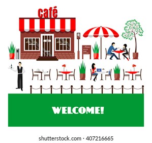 Restaurant or cafe illustration in flat style. Isometric  dinner building  with waiter and menu board standing nearby. Desserts, drinks, ice-cream. Vector icon isolated on white background