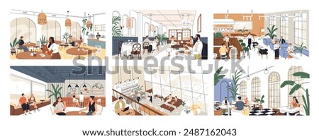 Restaurant and cafe interiors set. People dining at tables, bar counters, cozy coffeehouses. Customers sitting, eating meals in cafeterias, coffeeshops, coffee houses. Flat vector illustrations