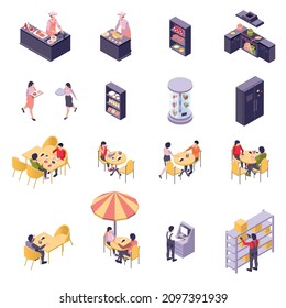 Restaurant cafe isometric icon set racks with boxes in warehouse, counters and tables for cooks racks and display cases with food tables for cafe visitors and street umbrellas vector illustration