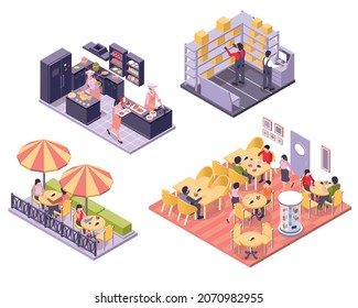 Restaurant cafe isometric interiors icon set kitchen with cooks storage room outdoor cafe and indoor cafe vector illustration