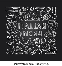 Restaurant cafe italian menu. Illustration of vintage typographical element for italian menu on chalkboard. Sketch