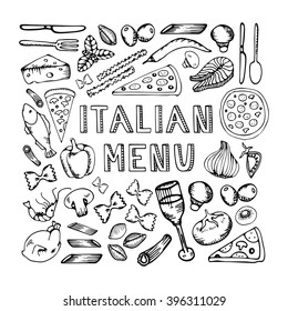 Restaurant cafe italian menu. Illustration of vintage typographical element for italian menu on chalkboard. Sketch