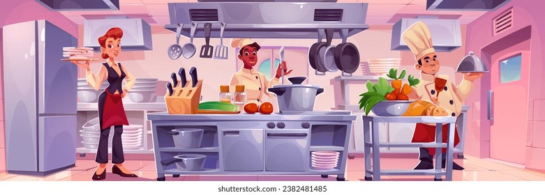 Restaurant or cafe kitchen interior with chef staff, professional equipment and furniture. Cartoon vector of commercial catering service cuisine with male cookers preparing food and waitress.