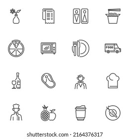 Restaurant and cafe line icons set, outline vector symbol collection, linear style pictogram pack. Signs, logo illustration. Set includes icons as pizza, food delivery, waiter, chef, bar drinks