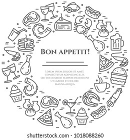 Restaurant and cafe meals banner with pictograms of different food elements and dishes collected in form of round. Vector illustration of isolated outline icons with editable stroke.