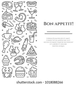 Restaurant and cafe meals banner with pictograms of different food elements and dishes collected in form of vertical rectangle. Vector illustration of isolated outline icons with editable stroke.