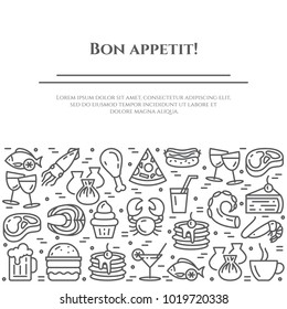 Restaurant and cafe meals banner with pictograms of different food elements and dishes collected in form of horizontal rectangle. Vector illustration of isolated outline icons with editable stroke.