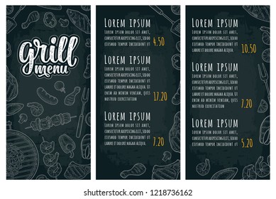 Restaurant or cafe menu BBQ with price. Grill handwriting lettering. Barbecue meat, fish, oyster, shrimp, tomato, pepper, kebab, sausage, chicken leg, steak. Vintage monochrome vector engraving