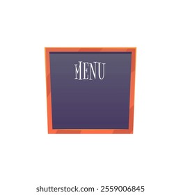 Restaurant or Cafe menu board flat icon. Blank black chalkboard in wooden frame with menu written and place for text for advertisement or information design. Vector illustration isolated on white