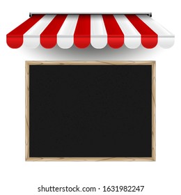 Restaurant, cafe menu board horizontal template. Realistic vector chalkboard and striped 3d awning. Pizzeria, bistro or eatery design elements.