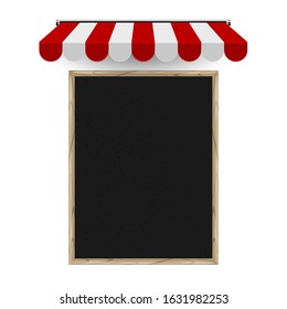 Restaurant, cafe menu board vertical template. Realistic vector chalkboard and striped 3d awning. Pizzeria, bistro or eatery design elements.