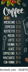 Restaurant or cafe menu coffee drink with price and lettering. Glass cup, beans, branch with leaf and berry. Vintage color vector engraving illustration on dark background.