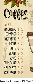 Restaurant or cafe menu coffee drink with price. Hand holding a cup, beans, stick cinnamon, branch with leaf and berry. Vintage color vector engraving illustration on beige background