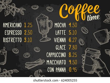 Restaurant or cafe menu coffee drink with price. Hand holding a cup, beans, stick cinnamon, branch with leaf and berry. Vintage color vector engraving illustration on dark background.