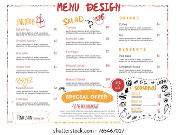 Restaurant cafe menu design in hand drawn style with grunge symbols of products.