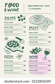 Restaurant cafe menu design template. Food and wine flyer. Vector illustration