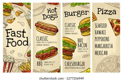 Restaurant or cafe menu Fast Food with text. Best burger, Hotdog, Pizza handwriting lettering. Vintage monochrome vector engraving illustration on old beige craft paper