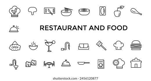 Restaurant cafe menu, food and drink line web icon set. Outline icons pack. Icon collection. Editable vector icon and illustration.