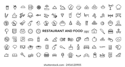 Restaurant cafe menu, food and drink line web icon set. Outline icons pack. Icon collection. Editable vector icon and illustration.