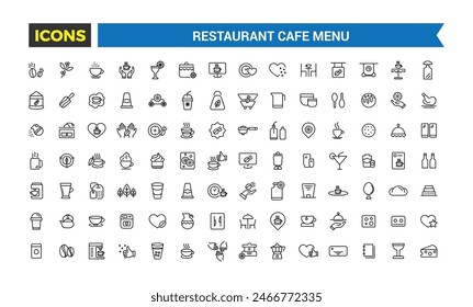 Restaurant cafe menu, food and drink icon set. Outline icons pack. Editable vector icon and illustration.