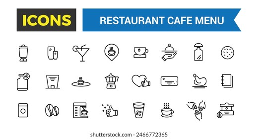 Restaurant cafe menu, food and drink icon set. Outline icons pack. Editable vector icon and illustration.