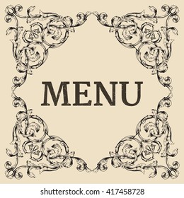 Restaurant or cafe menu label design with old floral frame for vintage menu design. Restaurant menu design. 