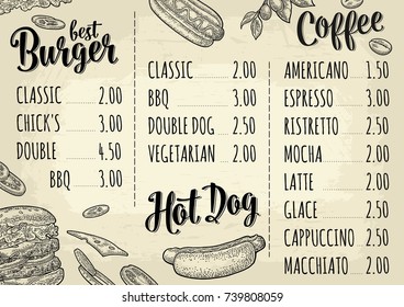 Restaurant or cafe menu with price. Best burger, Hotdog, Coffee calligraphy lettering. Vintage monochrome vector engraving illustration on beige background