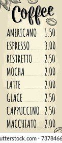 Restaurant or cafe menu with price. Coffee calligraphy lettering. Vintage monochrome vector engraving illustration on beige background