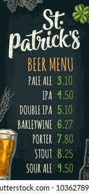 Restaurant or cafe menu with price. Glass, bottle, hop branch, ear of barley. St. Patrick's calligraphic lettering. Vintage color vector engraving illustration on dark background
