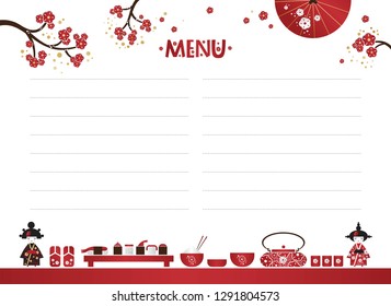 Restaurant cafe menu, template design in cartoon style. Asian cuisine. Food menu design with sushi, fan, sakura branches, Japanese girl and set of the ceremony. Vector illustration