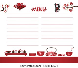 Restaurant cafe menu, template design in cartoon style. Asian cuisine. Food menu design with sushi, fan, sakura branches, Japanese girl and set of the ceremony. Vector illustration