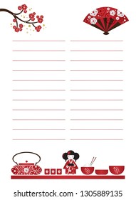 Restaurant cafe menu, template design in cartoon style. Asian cuisine. Food menu design with sushi, fan, sakura branches, Japanese girl and set of the ceremony. Vector illustration