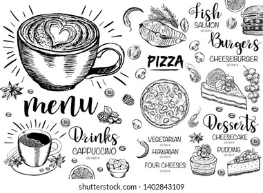 Restaurant cafe menu, template design. Hand drawn.