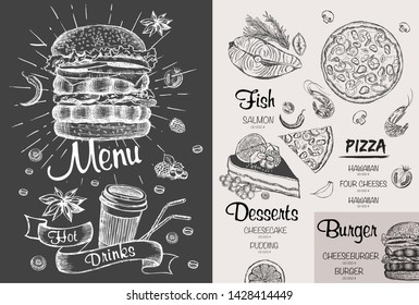 Restaurant cafe menu, template design. Food flyer. Hand drawn illustration