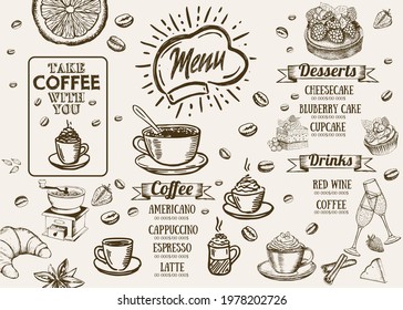 Restaurant cafe menu, template design. Coffee house menu. Food flyer. Vector.	