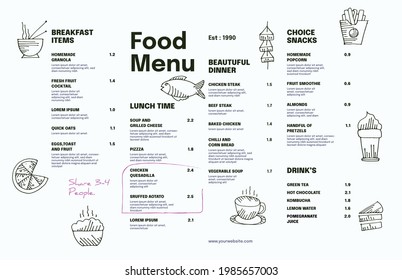 Menú de café restaurante, diseño de plantilla. Plantilla de menú de alimentos de una página.