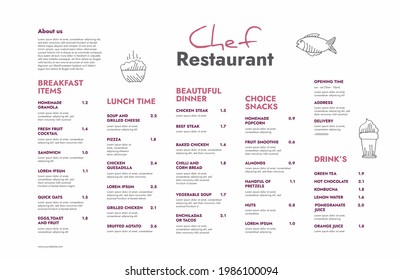 Restaurant cafe menu, template design. One page food menu template.