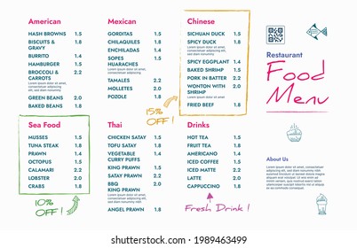 Restaurant cafe menu, template design. One page food menu template.